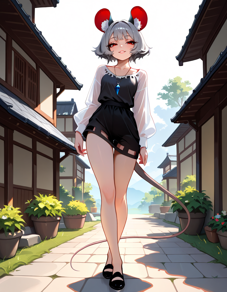 masterpiece, best quality, very aesthetic, absurdres,
outdoors,
full body,  standing, posing, 
seductive smile, parted lips, long eyelashes,
 <lora:Nazrin_v01_NAIXL:1>
N4zr1n,1girl,solo,mouse girl,mouse ears,animal ear fluff,short hair,bangs,grey hair,red eyes,pendant,mouse tail,