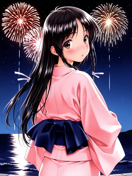 masterpiece,best quality,amazing quality,
1girl,solo,
<lora:sugihara_manami_ilxl_v1.0:1>,s_manami,black hair,long hair,hair ribbon,twin braids,brown eyes,
s_manami,<lora:Fixhands_anime_bdsqlsz_V1:1>,blush,simple background,white background,looking_at_viewer,standing,fireworks,night_sky,ocean,from behind,from_back,looking_back,apanese clothes,pink kimono,yukata,