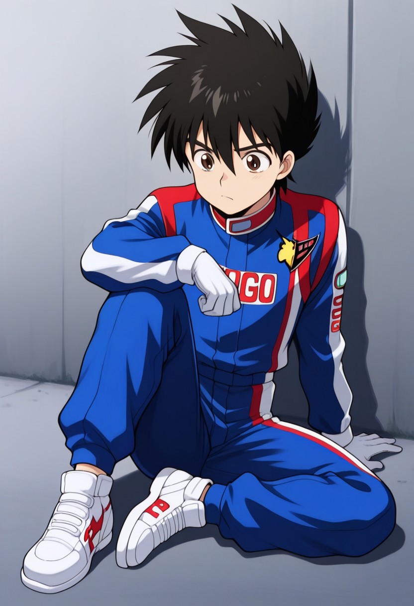 masterpiece,best quality,amazing quality, source_anime,
hayatokazami, 1boy, male focus, solo, brown eyes, black hair, racing suit, jumpsuit, blue jumpsuit, multicolored jumpsuit, gloves, white gloves, shoes, white footwear, sitting, ground, knee up,