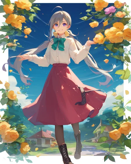 (zPDXL2), score_9, score_8_up, score_7_up, source_anime, 1girl, solo,
<lora:KiyoshimoPony:0.8>, Kiyoshimopony, long_hair, grey_hair, ahoge, twintails, low_twintails, hair_between_eyes, grey_eyes, hair_bun,
alternate costume, shirt, bowtie, long_sleeves, dress, pantyhose, halterneck, boots, cross-laced_footwear, purple_dress ,