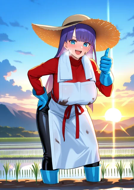 masterpiece, best quality, absurdres, perfect lighting,shiny skin,<lora:spo_sdxl_10ep_4k-data_lora_webui:0.7>,1girl,huge breasts,martha \(fate\), long sleeves,,rubber gloves, rubber boots, apron, long pants,straw hat, towel around neck,squatting,thumbs up,laughing,smile,hand on own hip,looking at viewer,sweat,blush,heavy breathing,rice paddy,grass,water,partially submerged,day, reflection, nature, blue sky, sun glare, mountain,cloudy sky,depth of field,glowing sunset, serene atmosphere, soft and warm lighting, natural setting, vibrant and whimsical,rice planting,<lora:rice planting:0.9>,mud,dirty face, dirty clothes,