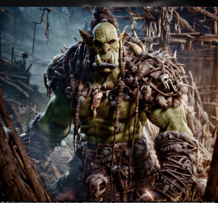 (masterpiece:1.2), (best quality,:1.2), 8k, HDR, ultra detailed, ((photorealistic)), professional light, cinematic lighting, ambient lighting,<lora:detail_slider_v4:3>, OverallDetail, OrcW, <lora:OrcWarrior-10:1>, a male orc warrior, (cowboy shot), standing in front of a primitive orc hut, SaVi, <lora:SavageVillage1:0.8>, epiCPhoto