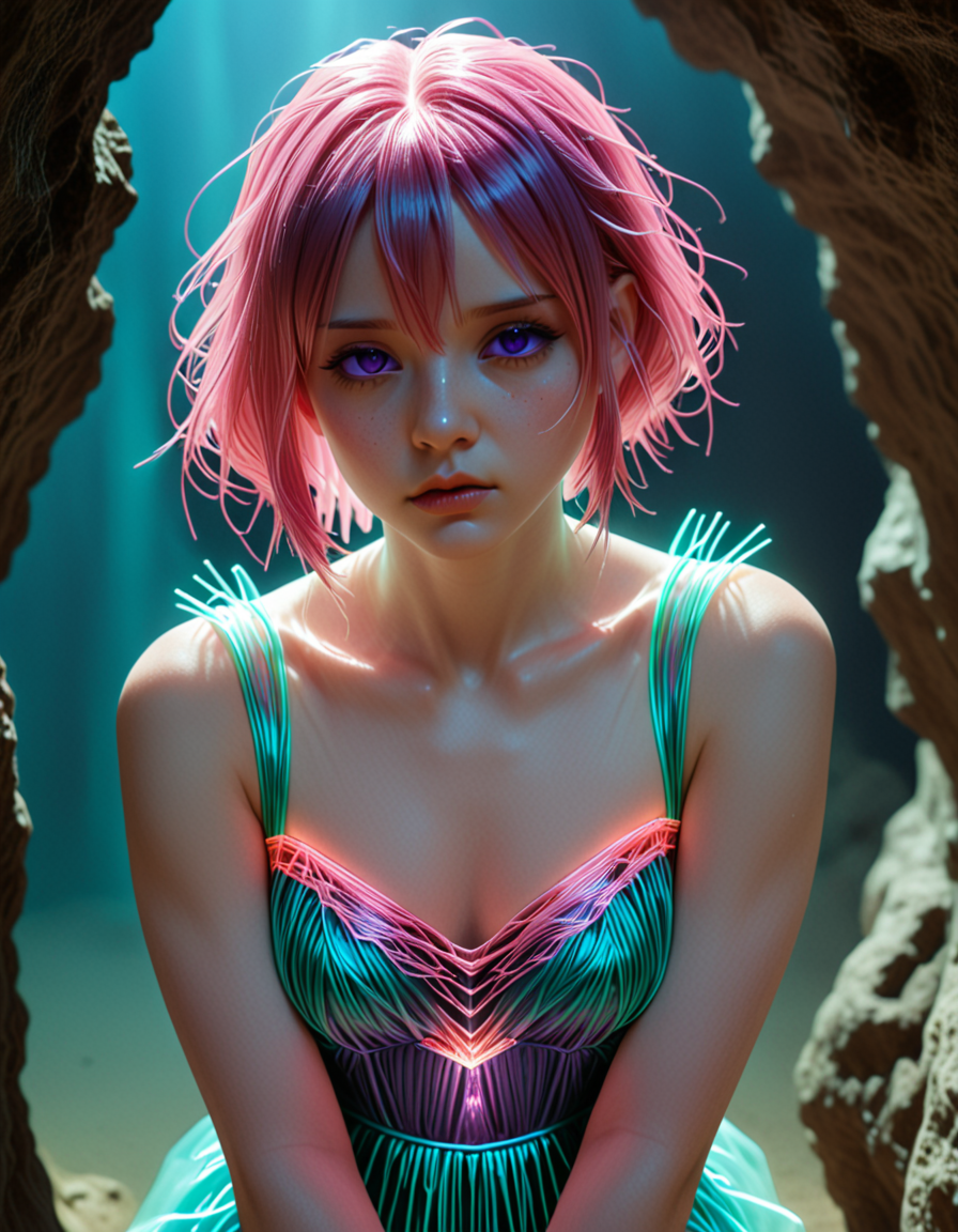 . masterpiece, best quality, amazing quality, very aesthetic, absurdres, newest, scenery, highres, high detail, 
1girl, CivChan, Dystopian Comic Style, artist:Kouyu Shurei (ç é» ããã), safe, sfw, purple eyes, pink hair, hair_between_eyes, v-shaped eyebrows, w0gf1l, wearing priest of the new god's clothes made of tiny neon glass filaments, (holding The Bloodspear) made of tiny neon glass filaments, Rubbing nose against shoulder blade, Photography, in A mysterious cave with deep caverns and subterranean formations., 
dutch angle, volumetric lighting, 
, , , 
, <lora:CivChan_SDXL:1>,<lora:hand 5.5:1>,<lora:Dynamic Poses:1>,<lora:World_of_Glass_Filament:1.1>