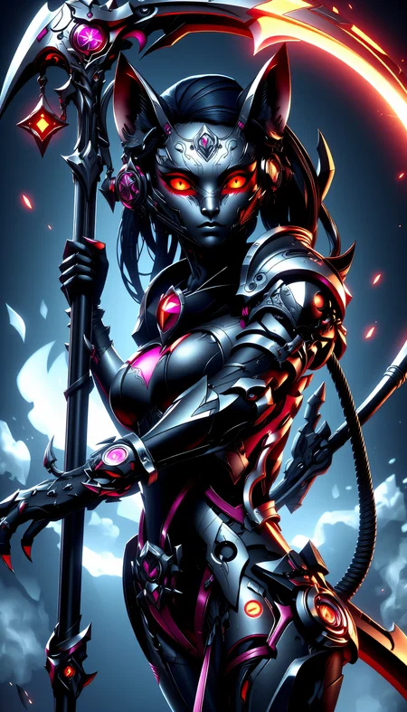 Cyberpunk cat cyborg wearing a Scythe, dark fantasy, ultra detailed