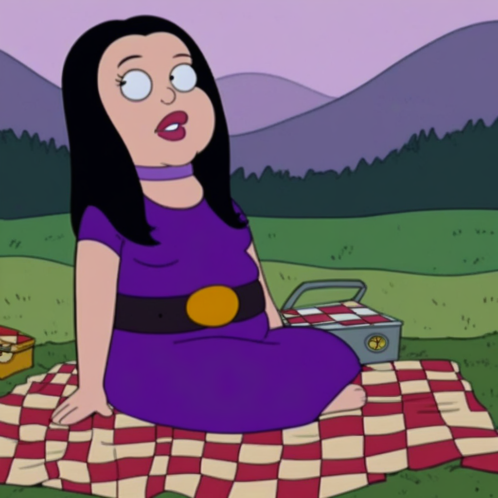 score_9, solo, debbie_h, black hair, long hair, lipstick, dress, choker, belt, picnic, outdoors, natural lighting