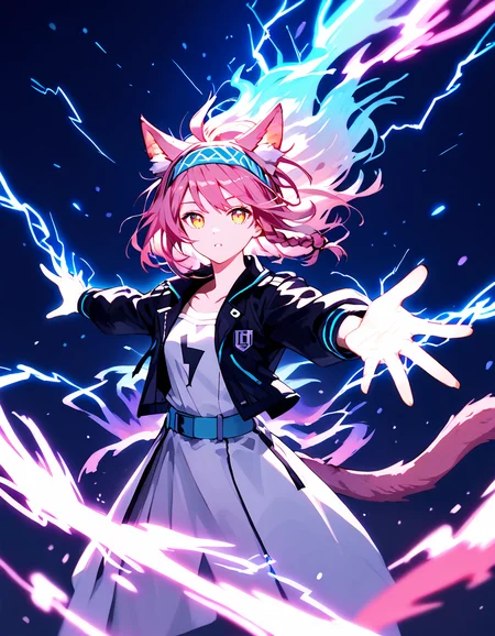 (score_9, score_8_up, score_7_up, score_6_up), 1girl, (animal ears), headband, bangs, braid, dark aura, blue electricity, purple energy, electric strike, biribiri, floating hair, messy hair, pink hair, multicolored hair, golden eyes, multicolored eyes, looking to the side, hitodama, outstretched arm, open jacket, black jacket, pink tail, (one tail:1.2), cat tail, thunder, glowing, jewelry, laser, lightning magic, lightning strike, blue lightning, magic, blue fire, purple fire, splashing, solo, gradient sky, aerial fireworks, multicolored background, blue, pink, purple, close-up, desaturated, (film_grain:1.2), arknights, depth_of_field, portrait, , add-detail-xl, abstract, abstract background, particles, colorful, PRSNL<lora:Pony Effects\blacksnowskill\PRSNL-V2-5.safetensors:0.8:0.8> <lora:Pony Effects\Nicows\NoctAbstract.safetensors:0.6:0.6> <lora:XL Enhance\w4r10ck\add-detail-xl.safetensors:0.25:0.25>