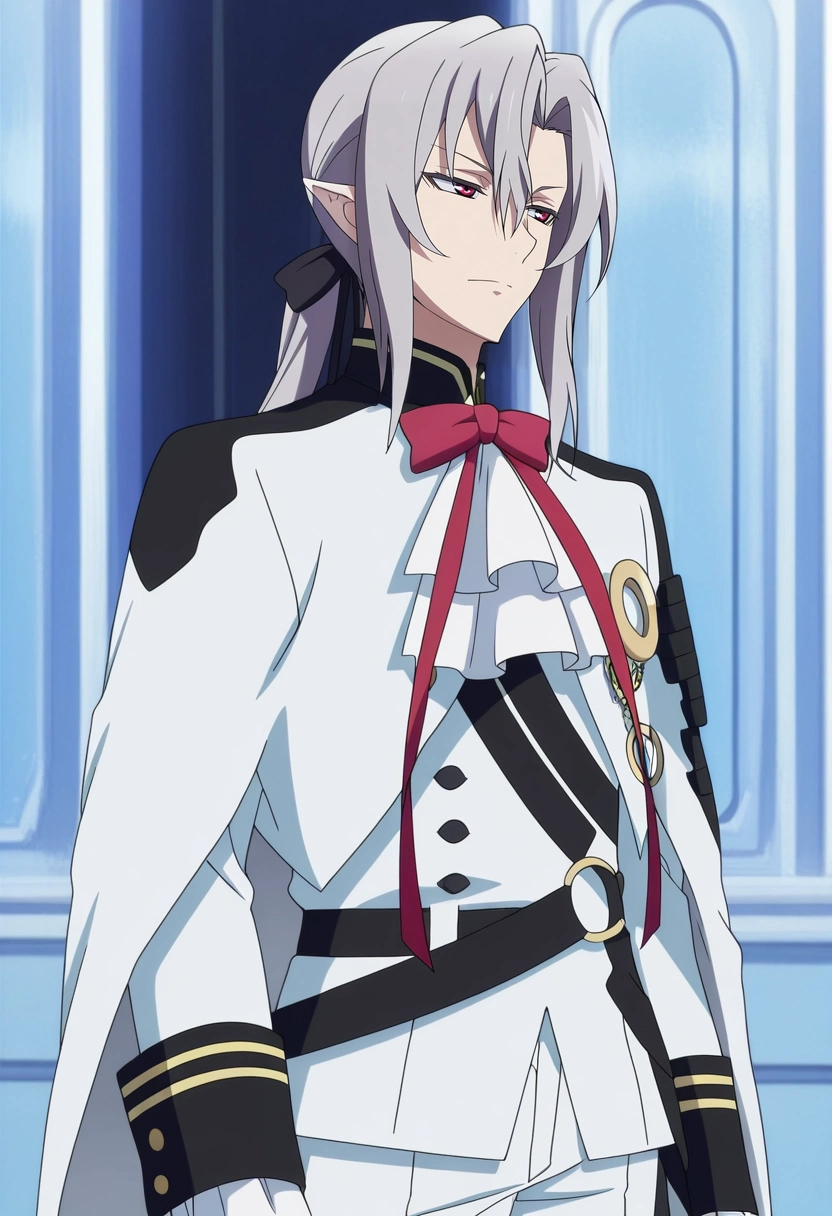 masterpiece, best quality, anime screencap, official style, anime coloring, cowboy shot, 1boy, solo, male focus, <lora:ferid_bathory_ilxl:0.92>, ferid_bathory, grey hair, red eyes, long hair, hair between eyes, pointy ears, ponytail, white jacket, red bowtie, ascot, ,