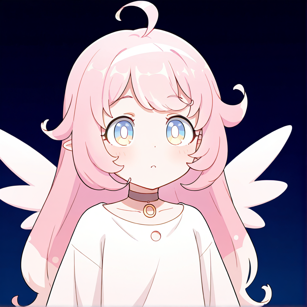 masterpiece, best quality, very aesthetic, absurdres, detailed, break, raphy_(princess_connect), 1girl,long hair,pink hair,ahoge,multicolored hair,bangs,blue eyes,wings,white dress,choker
