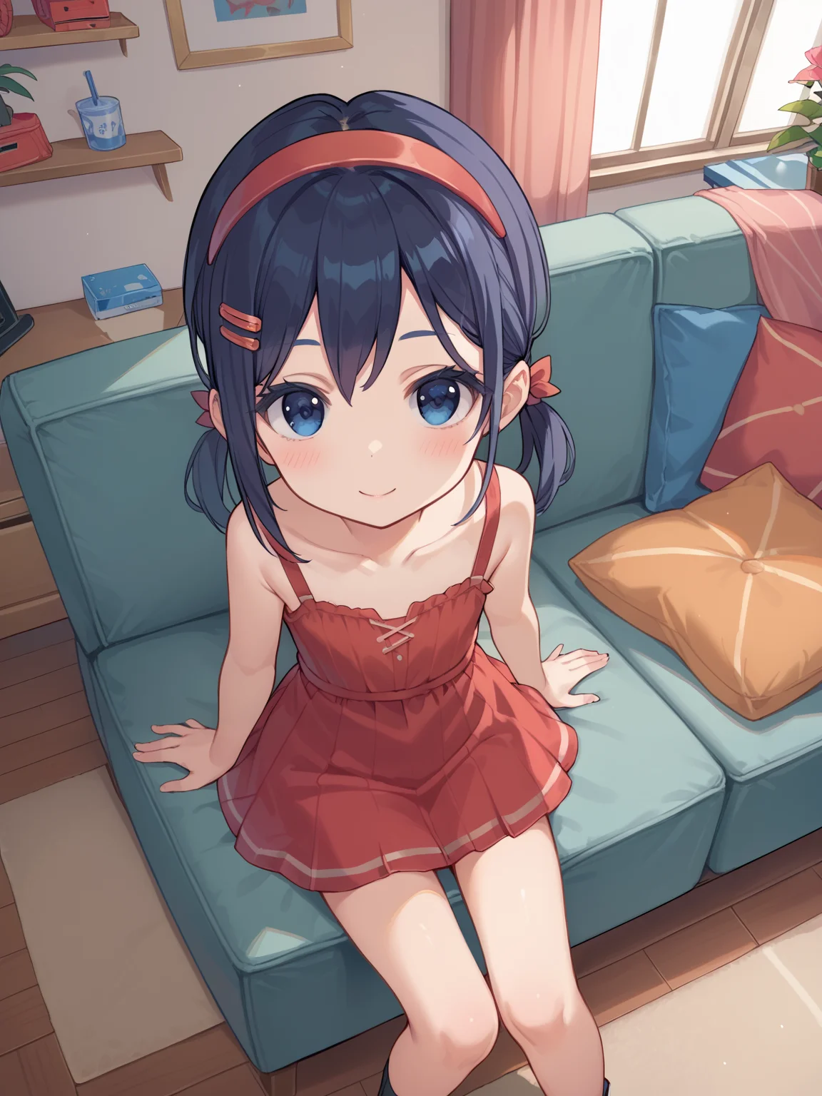 score_9, score_8_up, score_7_up, source_anime, high res image, masterpiece, best quality, ultra detailed eyes, indoors, living room, 1girl, solo, child, petite, TinyMita, blue eyes, hair bow, red dress, white shirt under dress, red hairband, red hairclip, low twintails, sitting on couch, blush, smile, collarbone, from above,