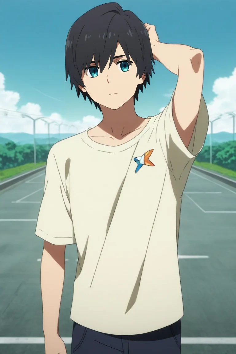 score_9, score_8_up, score_7_up, source_anime, rating_safe, intricate details, anime screencap, anime coloring, , looking at viewer, , 1boy, solo, male focus, <lora:hiro_franxx_pony:0.8>, hiro_franxx, black hair, blue eyes, bangs, , wide angle, wide shot, cowboy shot, highway, noon, arm up, expressionless, , <lora:sdxl_lightning_8step_lora:1>