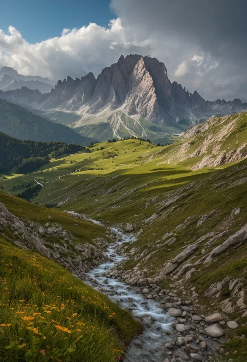 A photorealistic Dolomites scene after rain, a vibrant rainbow arching over jagged mountain peaks, wet rocks glistening in the sunlight, alpine meadows in the foreground, 8k resolution, hyper-detailed, professional landscape photography, using Dolomites World Heritage LoRa