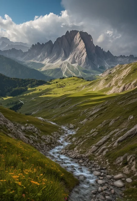 A photorealistic Dolomites scene after rain, a vibrant rainbow arching over jagged mountain peaks, wet rocks glistening in the sunlight, alpine meadows in the foreground, 8k resolution, hyper-detailed, professional landscape photography, using Dolomites World Heritage LoRa