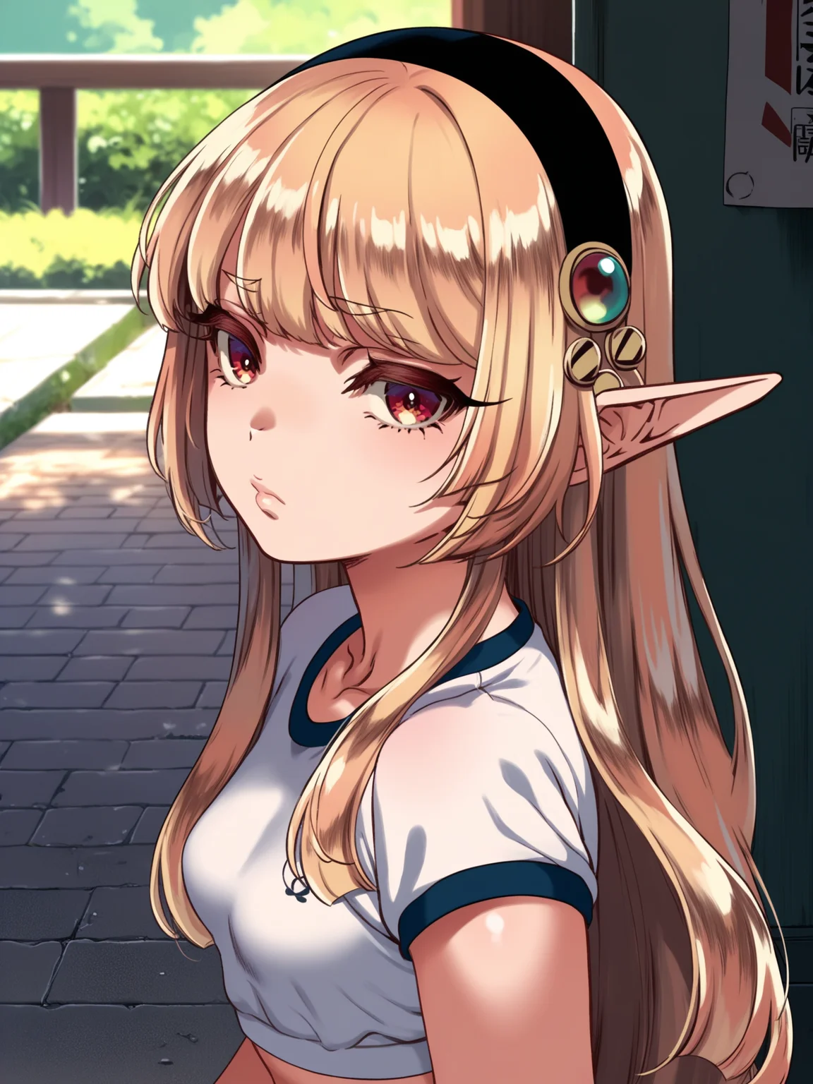 <lora:happy_tentacle-fritillaria-v0.2-000030:1>, ht_fritillaria, hairband, gym clothes, outdoors , 1girl, solo, upper body , , (confused :1), , looking at viewer , sitting , from side , score_9, score_8_up, score_7_up, score_6_up, score_5_up, score_4_up