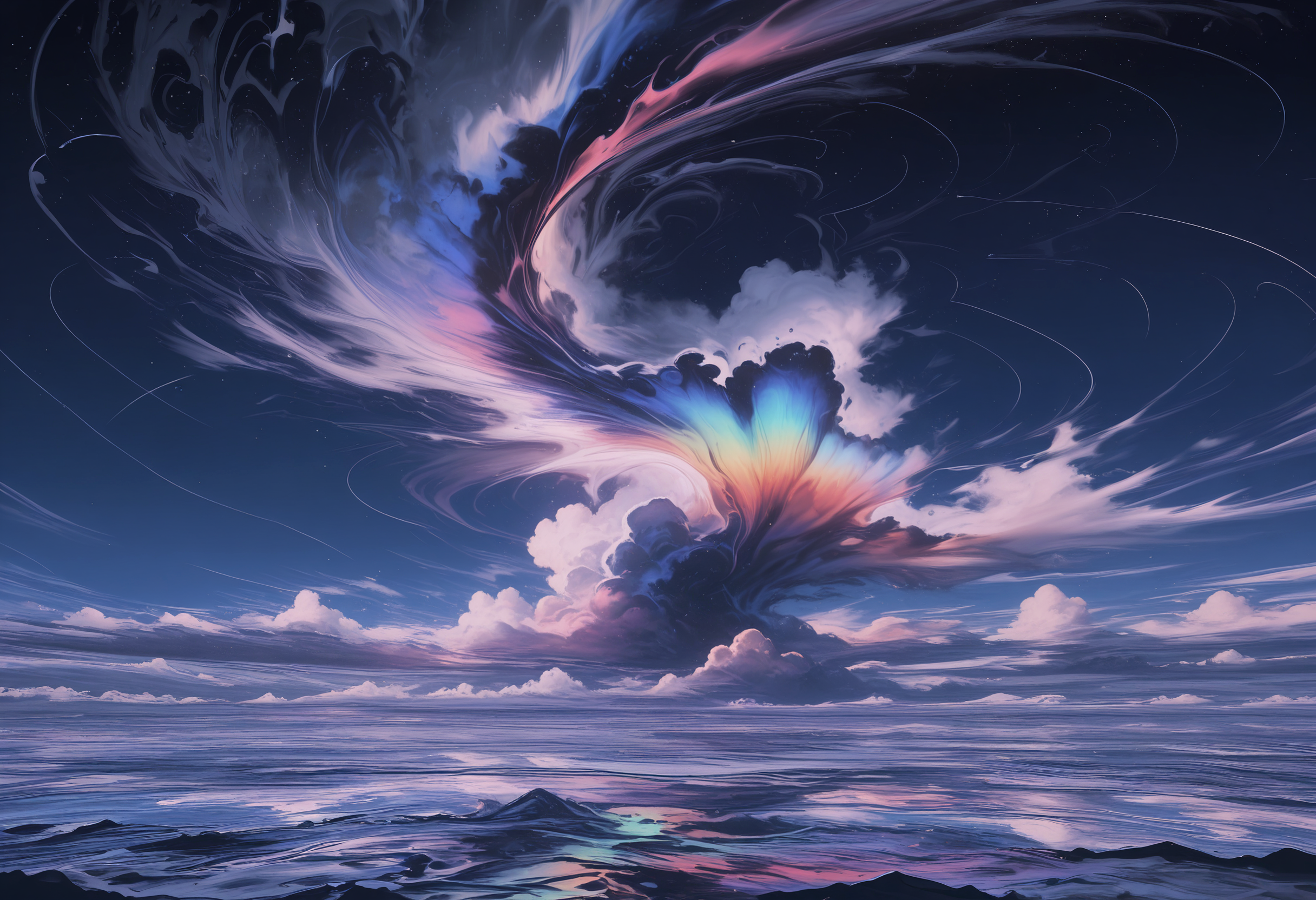 HDR, 8K, high contrast, masterpiece, best quality, amazing quality, very aesthetic, high contrast vivid white red multicolored multiple colors cloud sky liquid_marbling_background, abstract, surreal sketch lineart