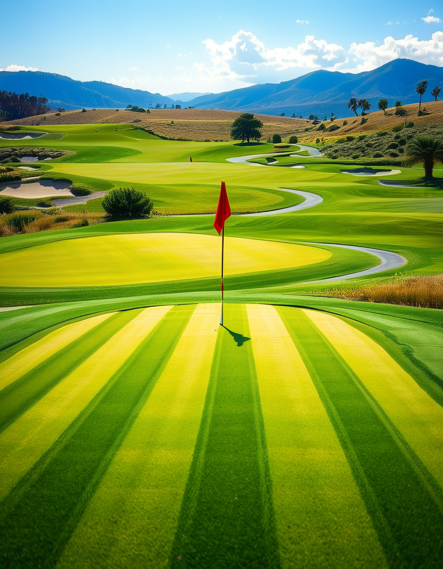 A stunning golf course captured in a high-resolution photograph, bathed in warm sunlight during the golden hour. The vast landscape features lush, perfectly manicured green fairways stretching into the distance, surrounded by rolling hills and scattered sand bunkers with smooth, raked surfaces. A crystal-clear water hazard reflects the sky, adding depth to the scenery. In the foreground, a pristine white golf ball rests on the neatly trimmed grass near a wooden tee marker. A red flag flutters gently atop a flagstick, marking the hole on the undulating green. Tall palm trees or majestic pines line the course, casting long shadows. The background showcases a breathtaking view of distant mountains or a serene blue ocean, enhancing the sense of tranquility and luxury. The sky is a brilliant shade of blue with soft, wispy clouds. The overall composition exudes elegance, precision, and the beauty of nature, capturing the essence of a world-class golf course.
<lora:SDXLFaeTastic2400:0.4> <lora:extremely_detailed:0.4> extremely detailed,<lora:golf_course:1>,golf c0urs3, Masterpiece,best quality,hi res,8k,hi res,8k,award winning,(sharp focus, intricate, highly detailed),