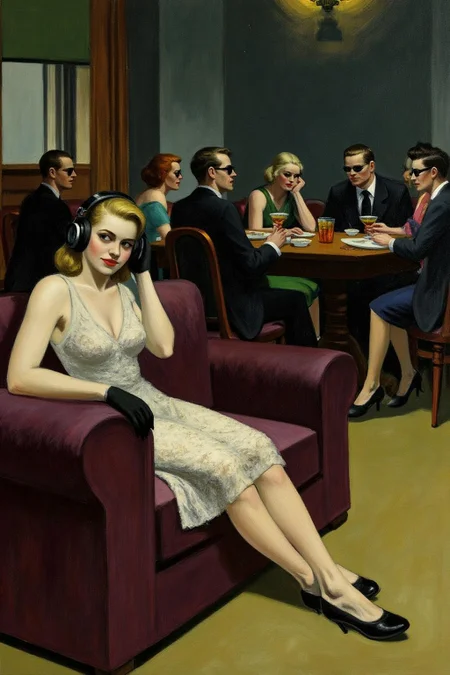 edwardhopper1 painting. 
A stylish young woman in a lace dress, wearing oversized headphones, lounges on a plush velvet couch with an air of cool detachment. She dons sleek black gloves, embodying the effortless glamour of the era. In the background, a group of fashionable, well-dressed people in tailored suits and cocktail dresses sit around a table, enjoying drinks and conversation, all wearing sunglasses.  <lora:edwardhopper1_cap_d8a4e11:1.0><lora:847372852070973719:0>