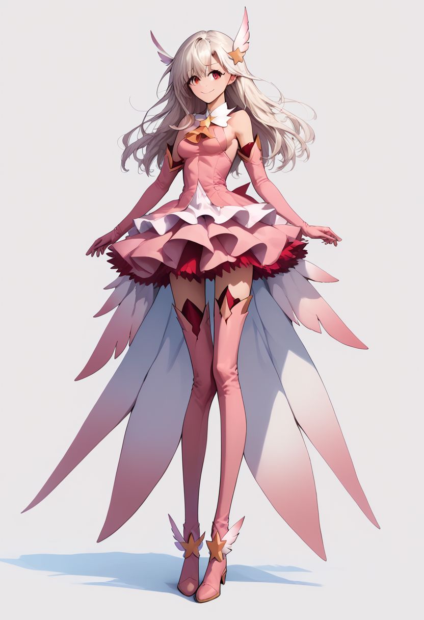 score_9, score_8_up, score_7_up, source_anime,(1girl), solo, white hair, red eyes, long hair, hair ornament, feathers, pink dress, elbow gloves, magical girl, pink thigh Boots, ((((tall female, adult, long legs, medium breasts)))), sideboob, standing, full body, smiling, grinning