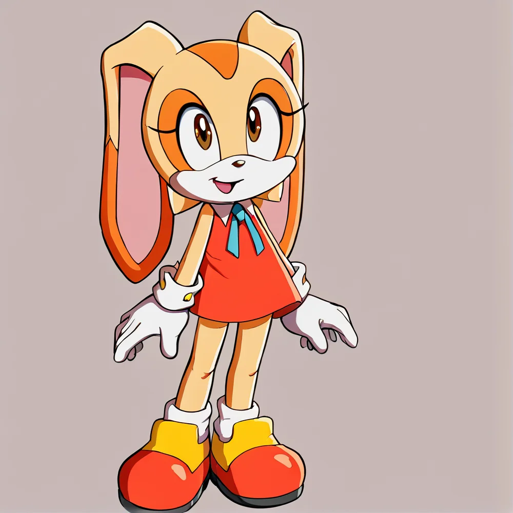 hi res, best quality, solo, female, (source_cartoon), Score_9, score_8, score_7, ultra detailed, (masterpiece), best anatomy, small body, young, petite, short, <lora:Cream_the_rabbit:1>, 1girl, animal nose, brown eyes, cre@m_the_rabbit, flat chest, furry, gloves, open mouth, rabbit ears, rabbit girl, two-tone fur, official style, rabbit tail, orange dress, blue ribbon, neck ribbon, standing, smile, full body