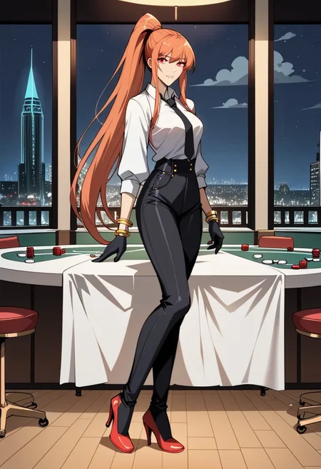 score_9, score_8_up, score_7_up, 1girl, night, indoor, in a casinò, full body, dynamic shot, from high, long legs standing behing a poker table, green table, solo, dynamic pose, Feng Ling, orange hair, red eyes, medium breast, long hair, ponytail, black pants, white shirt, long sleves shirt, black gilet, black neck tie, red heels, gold slim bracelets, black gloves, looking at the viewer, long legs, nice legs, white hips ultra detailed, masterpiece, close up, upper body<lora:add-detail-xl:1>, <lora:StS_PonyXL_Detail_Slider_v1.4_iteration_3:4>