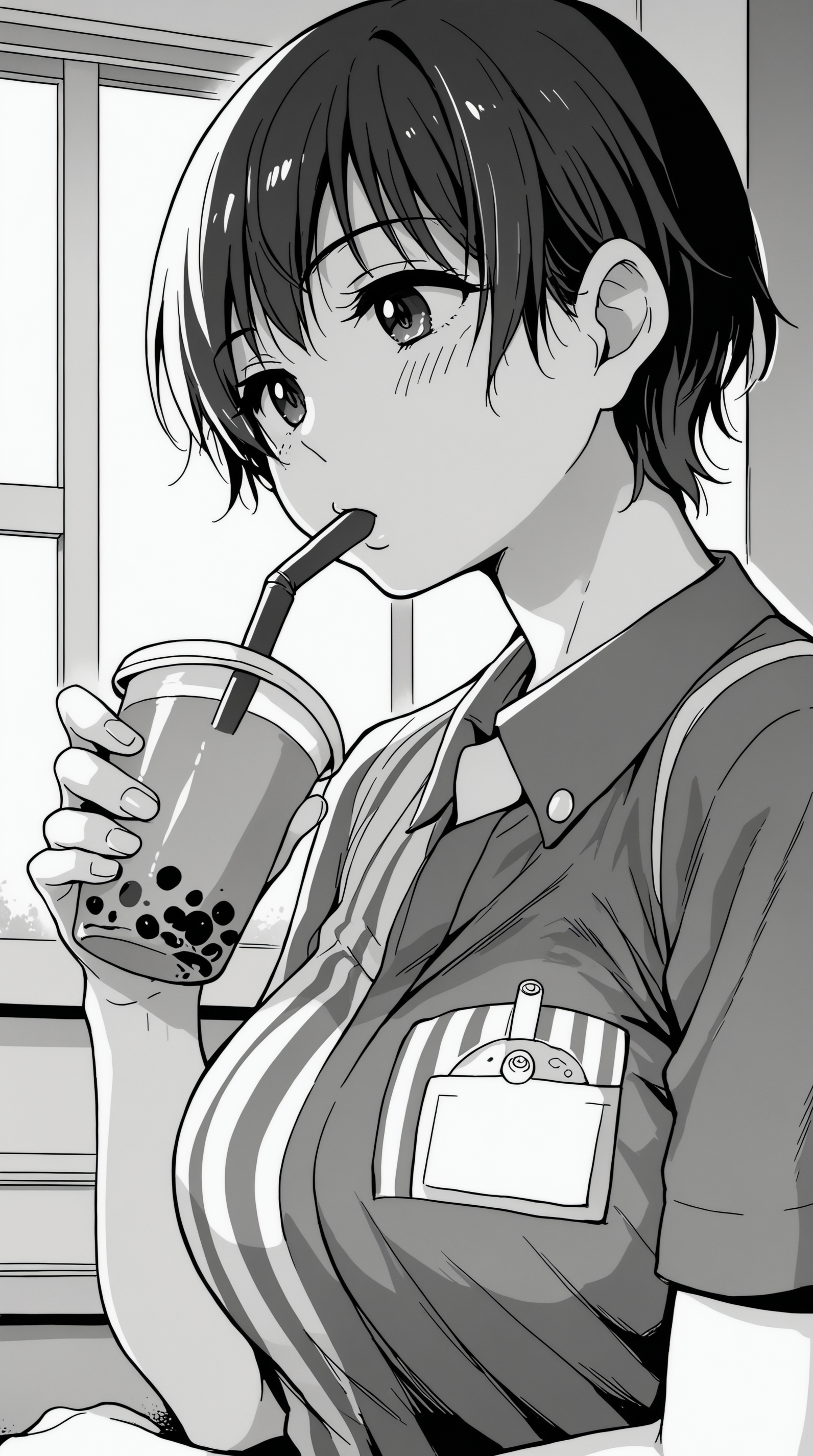score_9, score_8_up, score_7_up, monochrome, manga_source, best background, detailed background, manga, greyscale, monochrome  Mai, Main Outfit, solo, drinking, bubble tea, wariza, indoors,  <lora:JN_Mai_Pony:0.8>