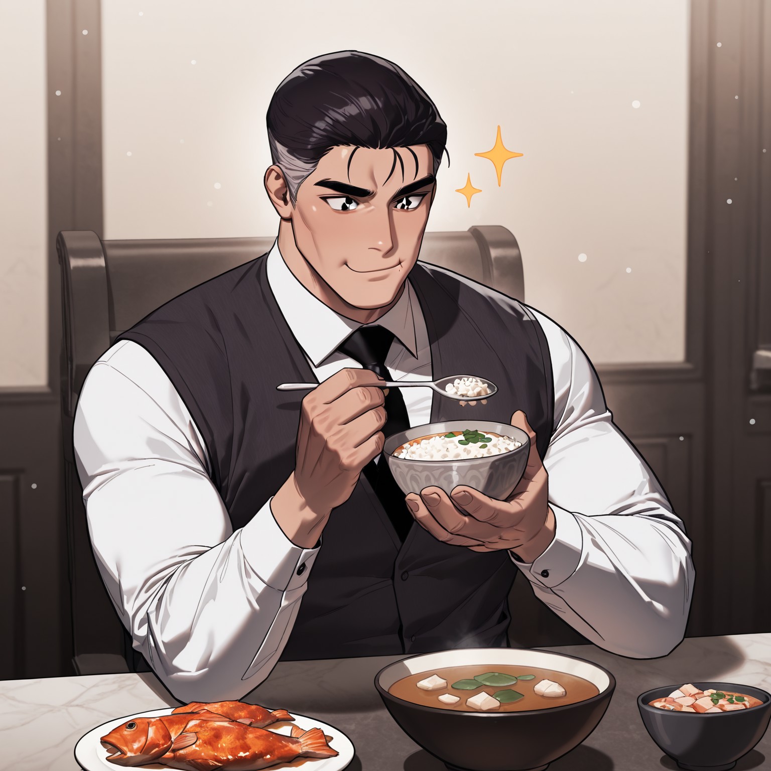 masterpiece, best quality, amazing quality, absurdres, newest, detailed background, definition so sharp, Ultra-HD, 8K cinematic, very awa, impressionate, amazing quality, highres, 

solo, male focus, manly, mature male, bara, 

indoor, dining room, table, sitting o chair, eating, holding silver spoon, bowl of rice, bowl of soup, plate of fish, fried fish, bowl of tofu, dim light, bokeh, luxury interior, chewing food,

kangjungman, kangjungman_black hair, kangjungman_grey side hair, kangjungman_black eyes, 1boy, short hair, cheekbones, shirt, black tie, black vest, sparkling eyes, happy face