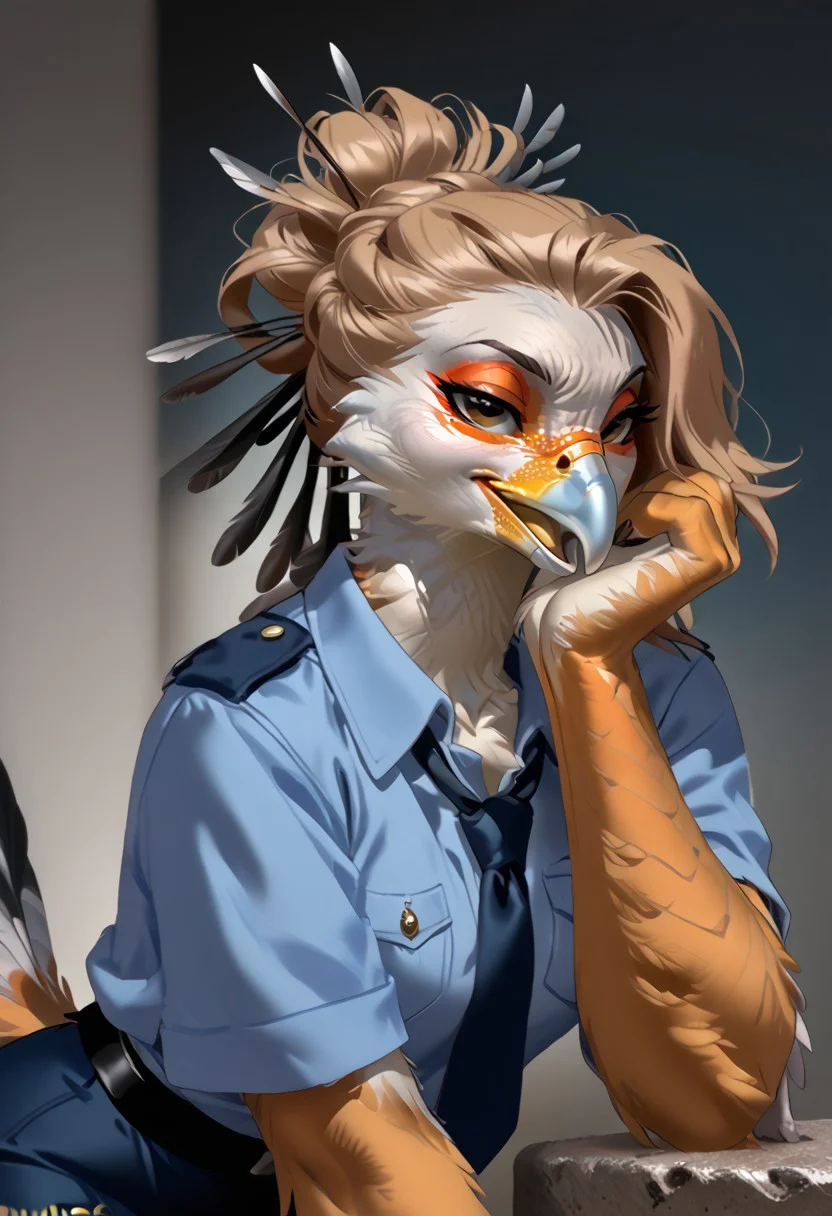 score_9, score_8_up, score_7_up, (by zummeng:1.5), (by jailbird:1.5), (by kittydee:1.5), masterpiece, best quality, (solo),
(Furry Art : Anthro: secretary bird:1.5), 1girl, expressive eyes, feminine eyes, perfect face, feminine face, (light brown hair:1.5), (updo hair:1.5), feminine body, medium breasts, bird of prey, orange face markings around eyes, multicolored body, white feathers, black feathers, grey feathers, black thigh feathers, long legs, long head feathers, (police uniform:1.5), (police skirt), (grey eyes), (humanoid hands)