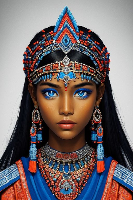 close-up photographic portrait of woman with strikingly vibrant blue-silver eyes. Supe shoulders showing. The face should, intricate, tribal-inspired art, patterns, reminiscent of beadwork and ceremonial embellishments, scheme, rich reds, oranges, blues --ar 2:3