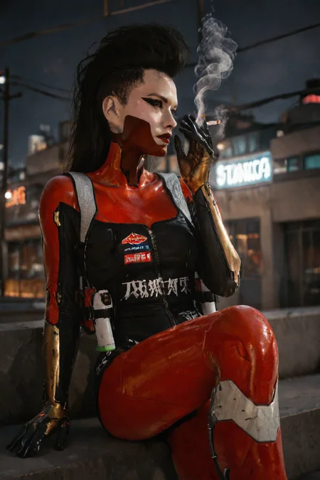 ((Glamour Portrait)),score_9, score_8_up:1.1),score_7_up,1girl.
Cyberpunk woman in futuristic red and black bodysuit, sitting casually on ledge at night. Long black hair in high ponytail with shaved sides. Striking makeup with sharp eyeliner and red face paint. Robotic arms and legs visible. Holding lit cigarette in raised hand. Urban nighttime background with neon lights. Confident pose, looking to the side. Sleek, high-tech aesthetic with a mix of shiny and matte textures on the suit. Strong contrast lighting emphasizing red outfit against dark surroundings. 
<lora:cyberpunk_tiger_claws_woman:0.7>
 <lora:d3t41l3dXLP:1>d3t41l3d