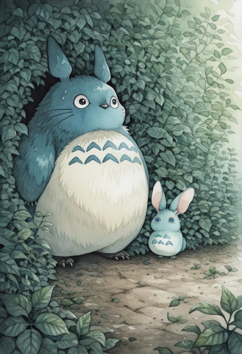 amazing quality, absurdres, best quality, detailed background, green leaves, bushes, eyes, hiding, mid
totoro, blue fur, big ears, no mouth, nervous,
<lora:rusetsuksr_style:1> rusetsuksr_illu, painting (medium)