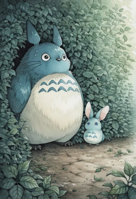 amazing quality, absurdres, best quality, detailed background, green leaves, bushes, eyes, hiding, mid
totoro, blue fur, big ears, no mouth, nervous,
<lora:rusetsuksr_style:1> rusetsuksr_illu, painting (medium)