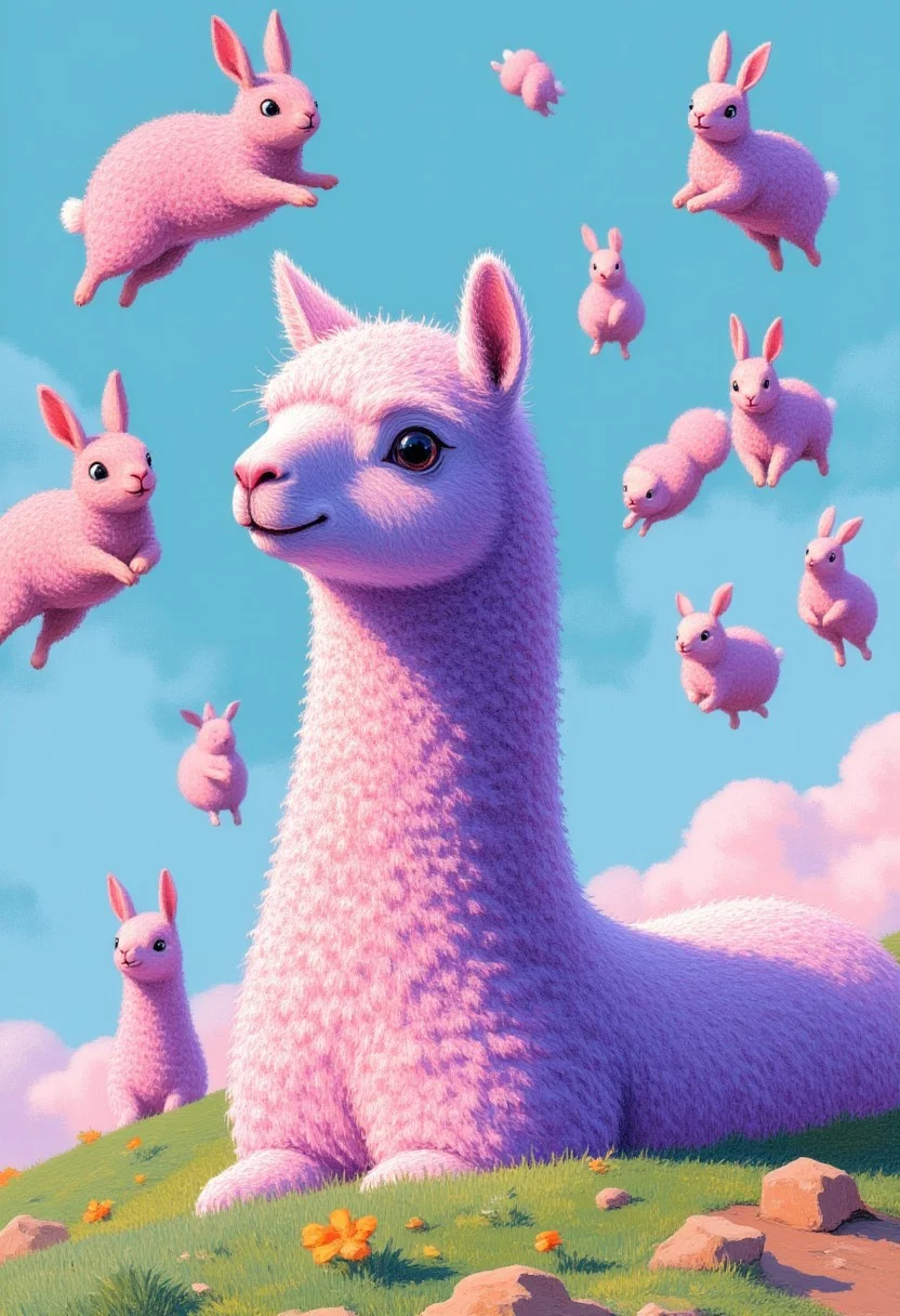 weird and cute illustration of a cute very fluffy baby alpaca with ((bunny like creatures)) floating in the air around it. The bunny creatures are chubby and a bit round. surreal and kind of crazy, funny theme