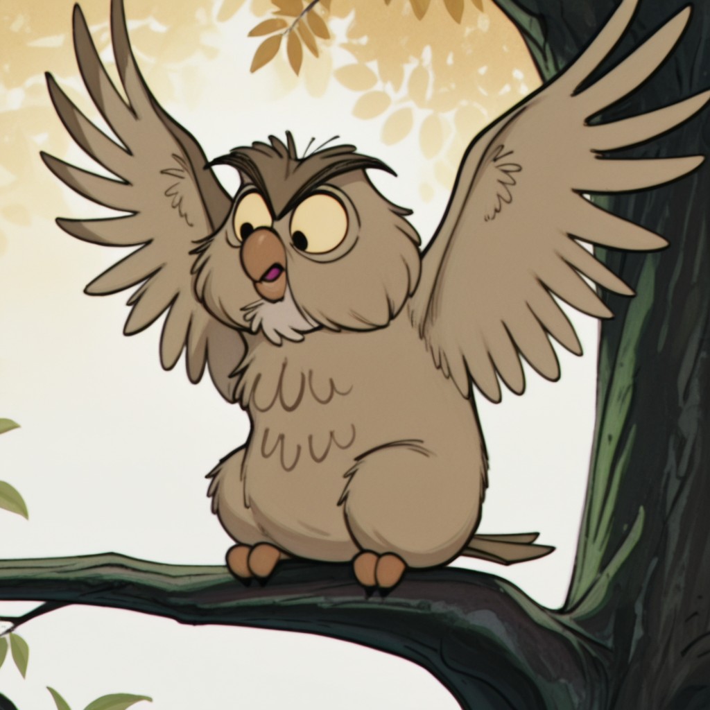 masterpiece, best quality, amazing quality, Archimedesowlil, feral, male, owl, brown feathers, yellow sclera, black eyes, sitting, on branch, outstretched arms, <lora:c31d6f5b-2f54-4e1e-ac71-24a865048f65:1.0>