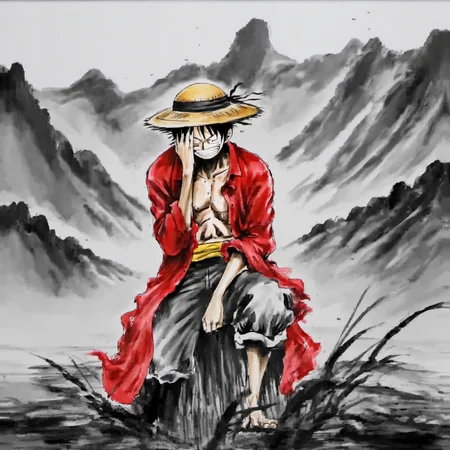 <lora:ink_xiakexing_xl_v1:0.8>,tree,mountains,
ink painting,a drawing of luffy crouched with his hand holding onto the straw hat,the straw hat covers the face,cry,front view,red coat,yellow straw hat,