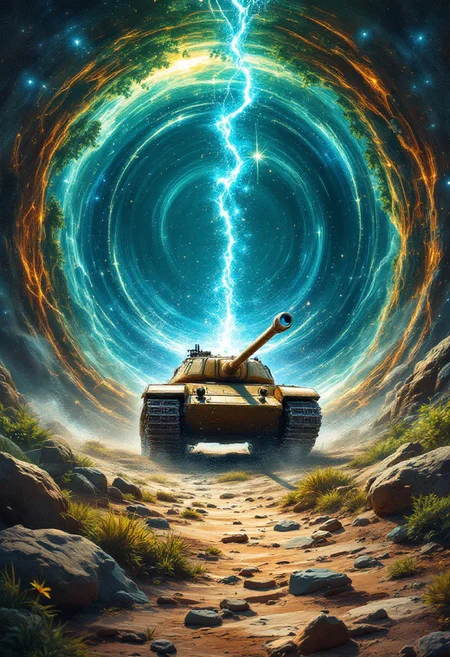 A detailed image of a portal to another dimension from which a tiger tank emerges towards us. a portal in the form of a swirling vortex of energy and particles, moving plasma and fractal discharges. The tank has half-emerged from the portal and we see its tank armor. on one side of the portal there is a summer environment.