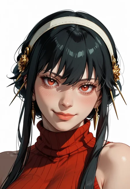 score_9, score_8_up, score_8, score_7_up, score_7, ((close up)), face focus, Expressiveh
BREAK
1girl, solo, yor forger, yor briar, black hair,red eyes,short hair with long locks, white hairband, large breasts, broad hips, thick thighs, looking at viewer, head tilt, seductive look, aroused, horny, standing, sleeveless red turtleneck sweater, light smile
BREAK
white background