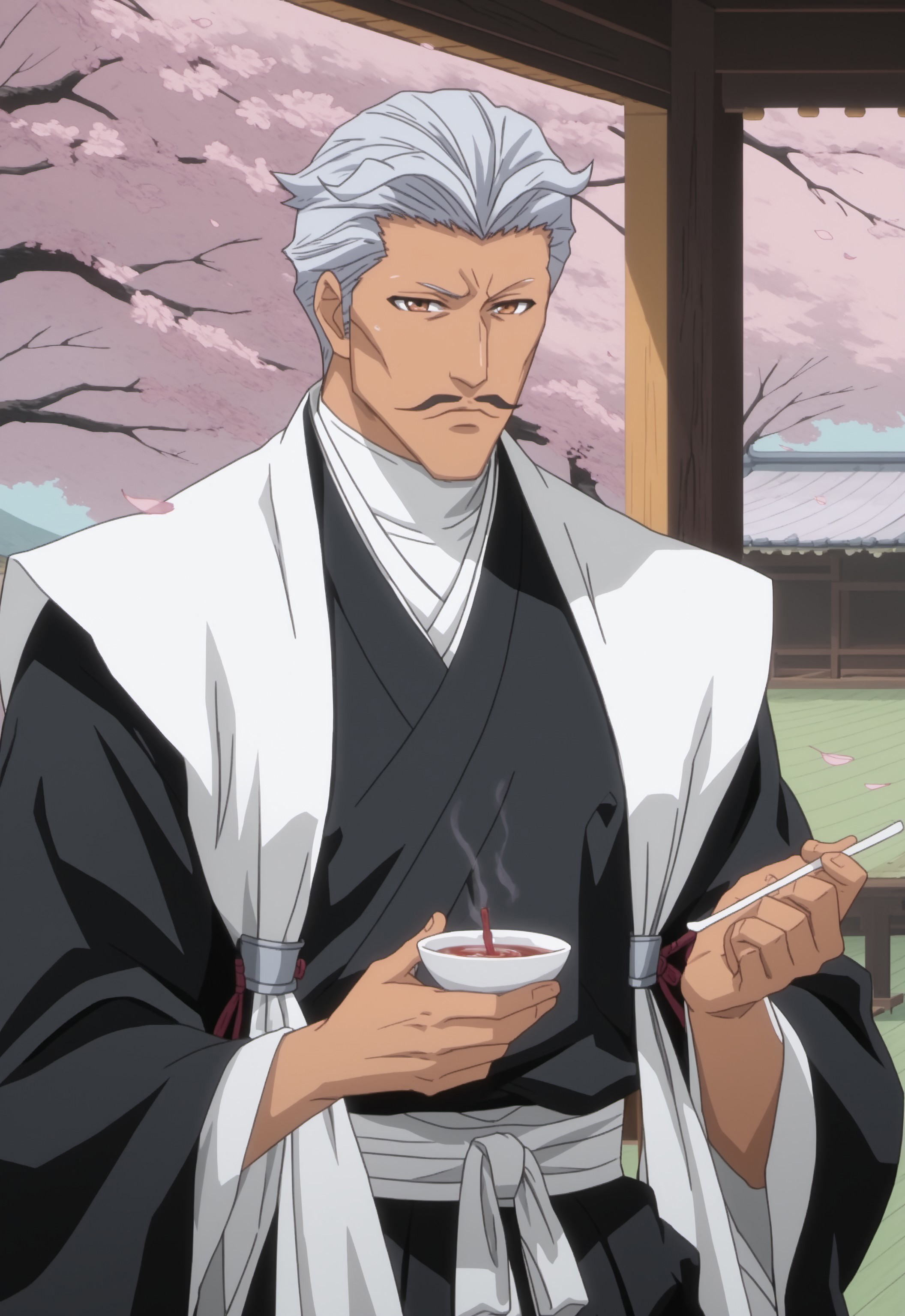 safe_pos, safe_pos, score_9, score_8_up, rating_nsfw, ultra hd, absurdres, best quality, ultra quality, masterpiece, masculine, solo, 1boy, male focus, best anatomy, best eyes, best hands, sexiest man alive, erotic, gay porn, hand with five fingers, mature male, anime screencap

BleachSasakibe, gray hair, japanese clothes, gray hair, haori, mustache, half body view, drinking tea, nipple outline, cherry blossoms, aesthetic background