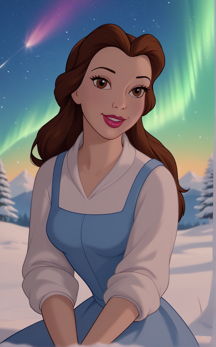 score_9, score_8_up, score_7_up, absurdres, sitting, aurora, shooting star, star \sky\, winter, snow, night, scenery, outdoors, depth of field, solo, looking at viewer,   <lora:PONYXL_PRINCESS_Belle_ownwaifu:1>, BREAK BlueDress_LongHair_Belle_ownwaifu, 1girl, brown hair, eyelashes, lipstick, long hair, breasts, brown eyes, lips, white shirt, blue dress, makeup, blue vest, red lips, sleeves rolled up, long sleeves, medium breasts, puffy sleeves, <lora:add-detail-xl:0.15>,