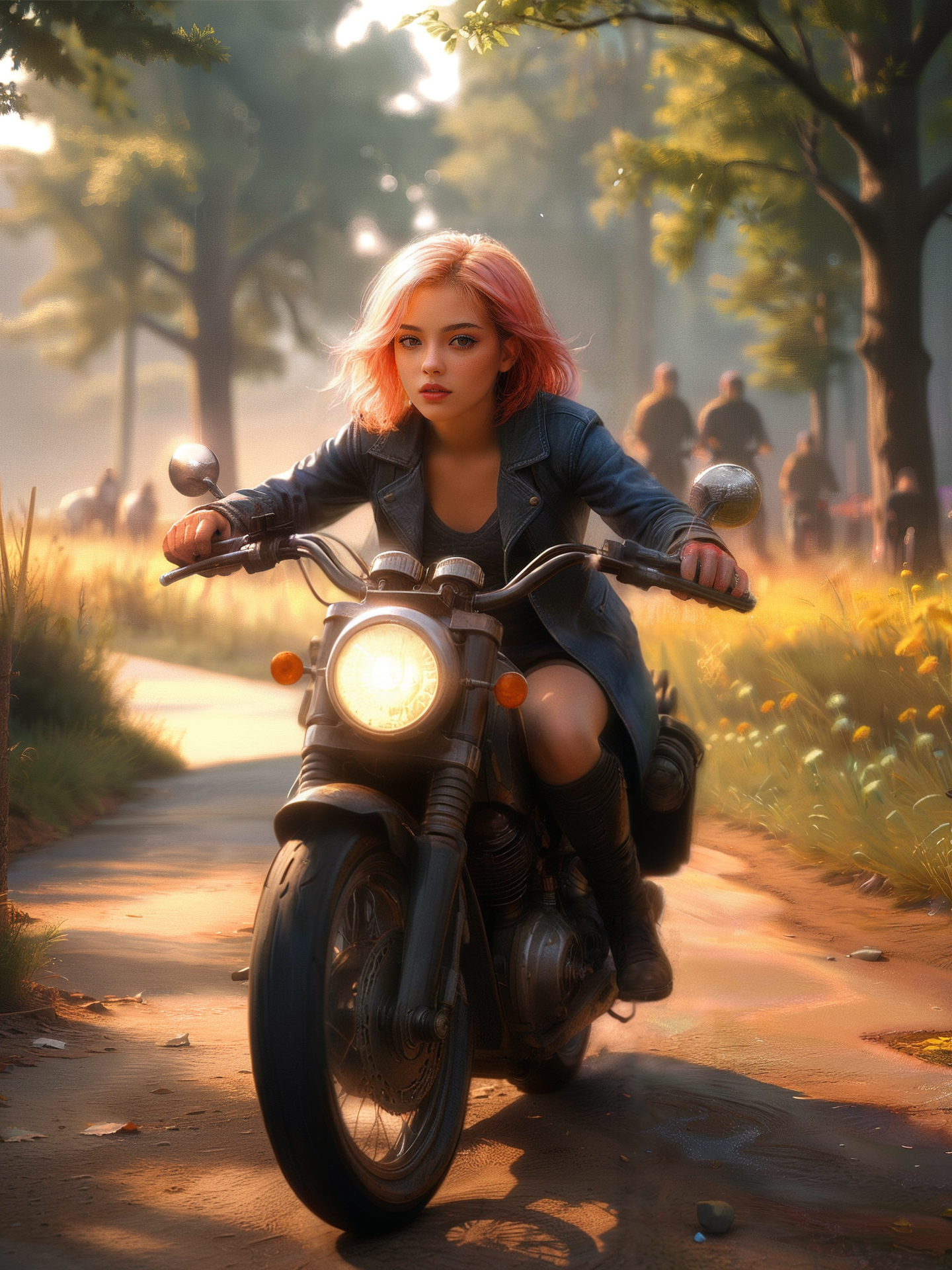 cinematic film still a woman with light brown eyes and pink hair and on a dirt road with motorcycles in the background and a man in the background, short pink hair, depth of field, Clint Cearley,  cgstudio, a detailed matte painting, a photorealistic painting, fantasy art, shallow depth of field, vignette, highly detailed, high budget, bokeh, cinemascope, moody, epic, gorgeous, film grain, grain