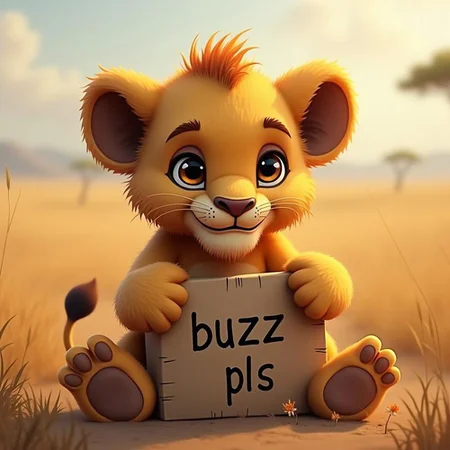 A Cute lion cub, realistic, holding a cardboard in its paws, "buzz pls" written on the cardboard, in the savannah, sitting