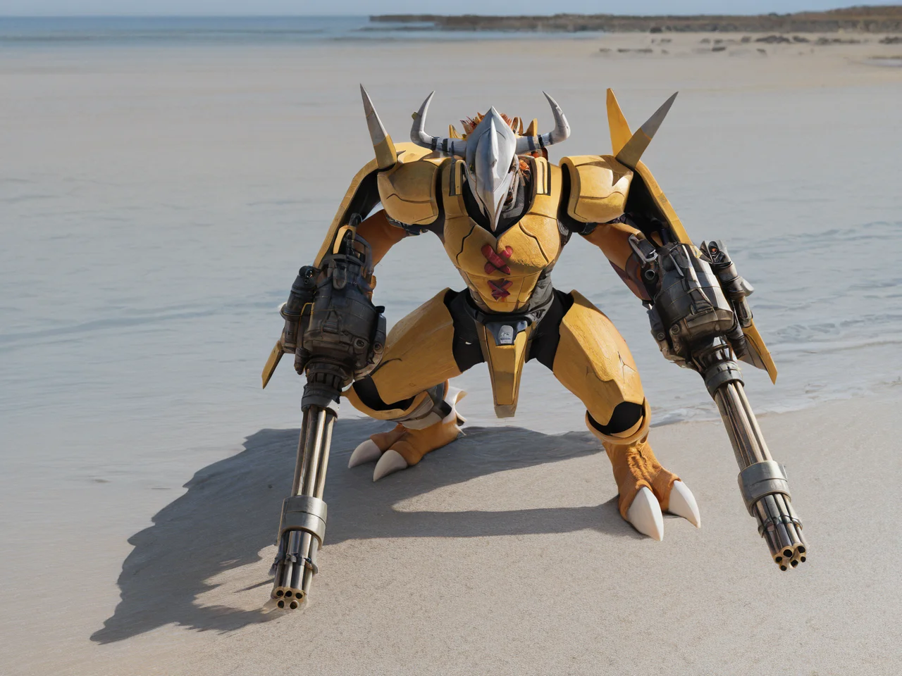 sfw, masterpiece, best quality,absurderes,photo,realistic,cinematic,source_photo,DLSR,full body,1boy,wargreymon,digimon \(creature\),yellow armor,orange scales,helmet,horns, holding minigun,outdoors,beach,<lora:Reallustrious_Beta:1>