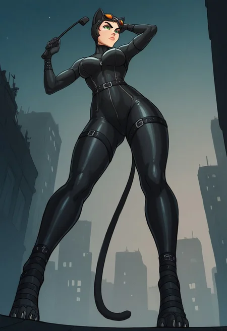 score_9, score_8_up, score_7_up, pureerosface_v1, fFaceDetail , green eyes, perfecteyes, kinkymationstyle,
young Catwoman, low angle, rooftop, Gotham skyline, black bodysuit, glossy leather, cat ears, whip coiled, moonlight, city lights, dark and moody, skyscrapers, stars, high heels, poised, agile, stealthy, wind blowing, determined expression, sharp claws, urban jungle, sleek silhouette, dynamic pose, predator, shadows, rooftops, cool tones.