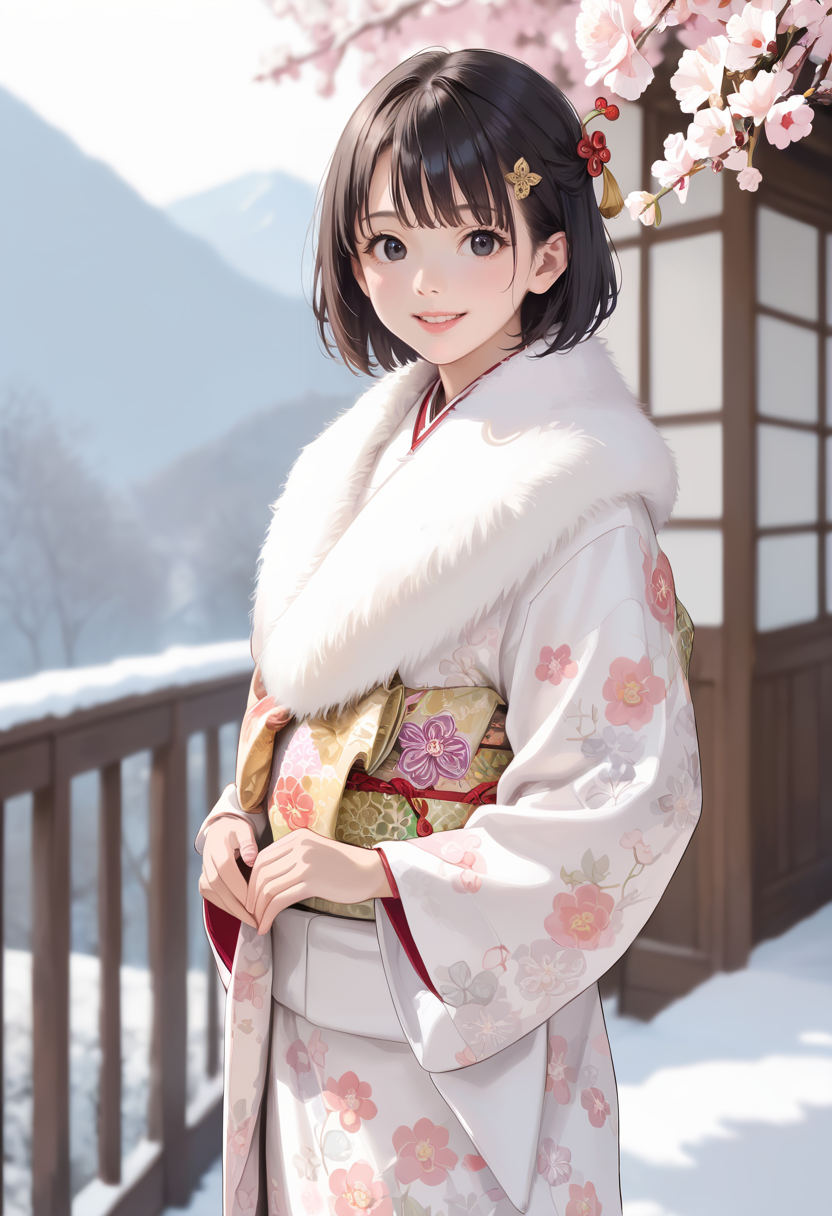 score_9, score_8_up, score_7_up,source_anime, masterpiece, best quality, perfect anatomy, very aesthetic, ((outlined outlined vector graphics)), cute face, (glow eyes:0.8), ,  looking at viewer  ,beautiful scenery,1girl,25yo, (focus female),  
20yo, black hair, black eyes, short bob hair, hair pin,small breast, slender,
, grey fur ,  white kimono, furisode, furisode-with-fur , smile beam ,  open eyes , clothed,winter   , flowers , floral pattern <lora:furisode-with-fur-pony-01:1>