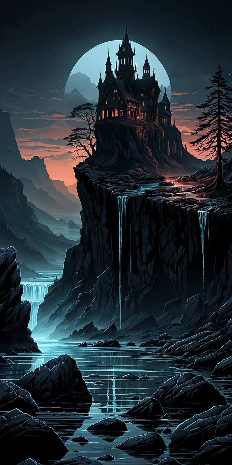 horror-themed, a nature scenery by Dan Mumford, glossy colored lineart sketch style, natural habitat environment, absurdres, clean and harsh image, cinematic shot, minimalistic,, very starry sky fading to black top, sheer cliff close view, crystal clear water, stones, shoal, pebbly shore, distant mist, rule of thirds composition, detailed . eerie, unsettling, dark, spooky, suspenseful, grim, highly detailed