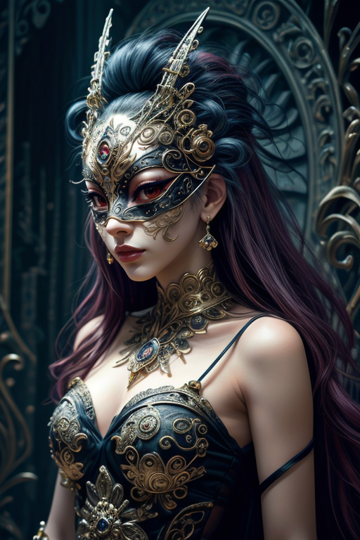 <lora:Concept_-_Hella-sthetic_v2:0.5>,
woman in a (richly decorated masquerade mask:1.3),the mask has high detail and elegant style. the design creates an atmosphere of mystery,fantasy,and magic,, intricate, elegant, highly detailed, symmetry, magical atmosphere, sharp focus, majestic, very coherent, radiant, advanced, cinematic, artistic, fine detail, winning, beautiful, stunning, dramatic light, designed, rich deep colors, perfect professional background, ambient, tailored set composition