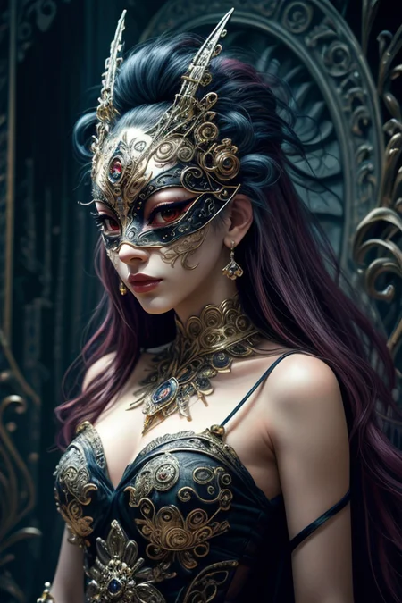 <lora:Concept_-_Hella-sthetic_v2:0.5>,
woman in a (richly decorated masquerade mask:1.3),the mask has high detail and elegant style. the design creates an atmosphere of mystery,fantasy,and magic,, intricate, elegant, highly detailed, symmetry, magical atmosphere, sharp focus, majestic, very coherent, radiant, advanced, cinematic, artistic, fine detail, winning, beautiful, stunning, dramatic light, designed, rich deep colors, perfect professional background, ambient, tailored set composition
