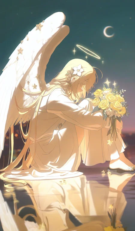 <lora:konya666 (5):1>,highres,absurdres,newest,very awa,masterpiece,best quality,year 2024,
\,
SenSen,flower,wings,solo,halo,1girl,angel wings,long hair,star \(symbol\),white wings,feathered wings,holding,sky,angel,water,sitting,bouquet,long sleeves,outdoors,crescent,from side,crescent moon,night,white dress,reflection,holding bouquet,holding flower,moon,hair ornament,knees up,dress,white jacket,hair flower,very long hair,blurry,profile,yellow flower,star \(sky\),sparkle,