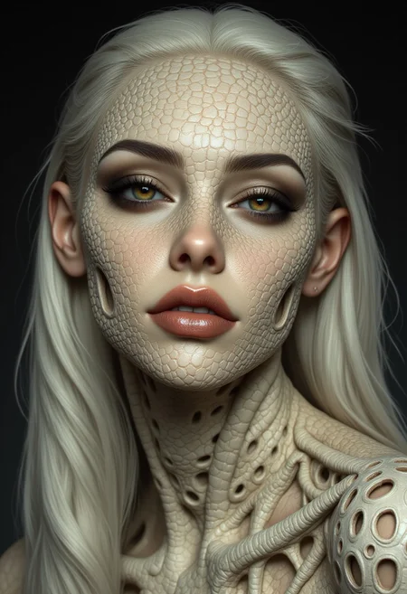 A highly detailed close-up portrait of a woman with porous, bone-like skin, covered in intricate, hollowed-out cavities resembling fossilized coral or aged ivory. The delicate lattice of carved openings extends from her forehead, across her cheeks, and down her elongated neck, with some areas appearing smoothly polished, while others have natural cracks and weathered textures. The openings vary in size and depth, creating a layered, organic structure. Her large, golden-amber eyes are framed by dark, smudged makeup, contrasting against her pale, porcelain-like complexion. Her full lips are painted a deep burnt red, standing out vividly against the neutral bone tones of her skin. Her platinum-white hair cascades around her face, with soft, fine strands resting against the rigid hollows of her cheekbones. Some strands are partially illuminated by soft, diffused lighting, creating subtle highlights that emphasize the contrast between her organic, flowing hair and structured, sculpted facial features. The lighting is soft and directional, casting shadows that settle into the carved recesses of her skin, accentuating the depth of the hollowed-out forms. The background is black and gray and softly blurred, composed of dark, desaturated tones, ensuring that all focus remains on the intricate details of her face and skin texture. The composition is tight and hyper-detailed.