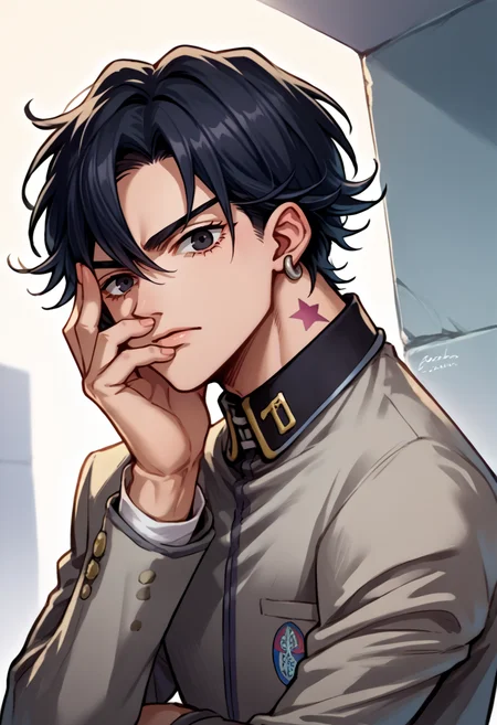 score_9, score_8_up, score_7_up, source_anime, BREAK, solo, 1boy, looking at viewer, <lora:Joestar-Brithmark-pdxl_Fp:1.2>, joestar birthmark, birthmark, neck tattoo, <lora:Naoya-pdxl_Fp:1>, naoyap1, school uniform, grey pants, single earring, emblem, black eyes, black hair, hand on own face,