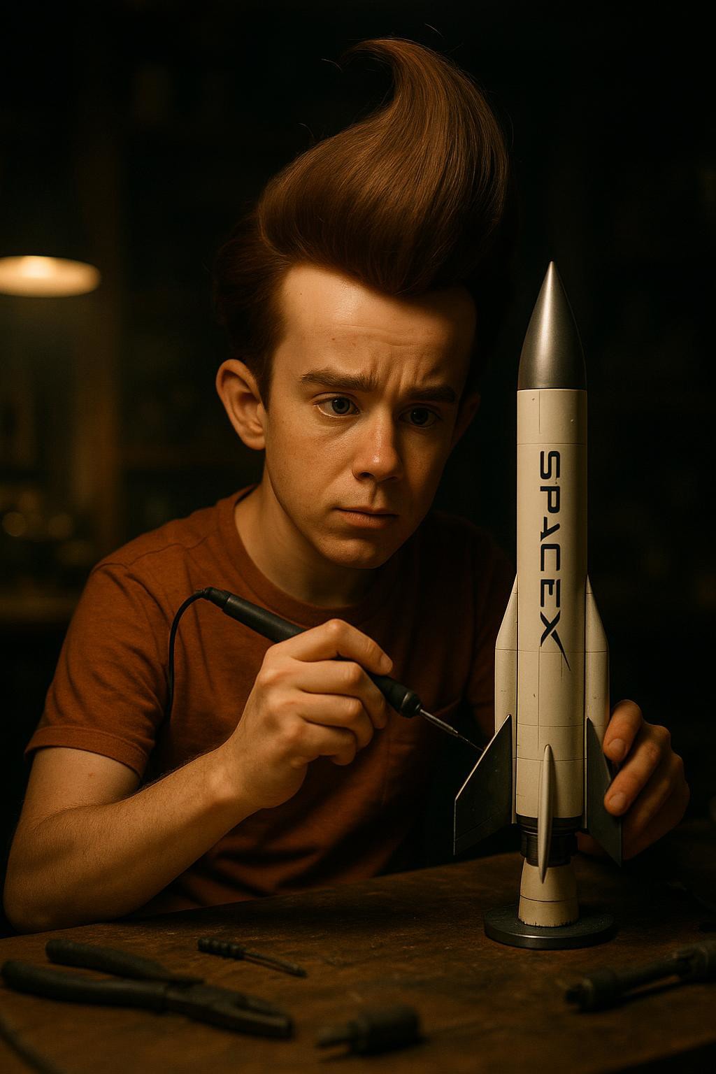 a realistic candid photograph of Jimmy Neutron inventing the next generation Space X rocket. The image has cinematic lighting and sharp imagery.