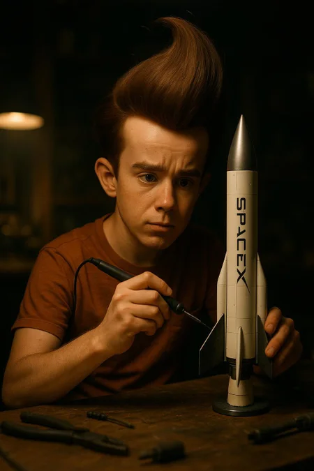 a realistic candid photograph of Jimmy Neutron inventing the next generation Space X rocket. The image has cinematic lighting and sharp imagery.